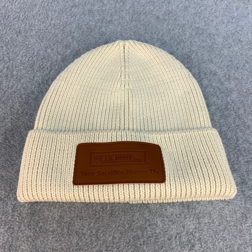 J.B. Hunt Your Sacrifice Moves Us Men Cream Beanie Ribbed Knit Patch Hat OS
